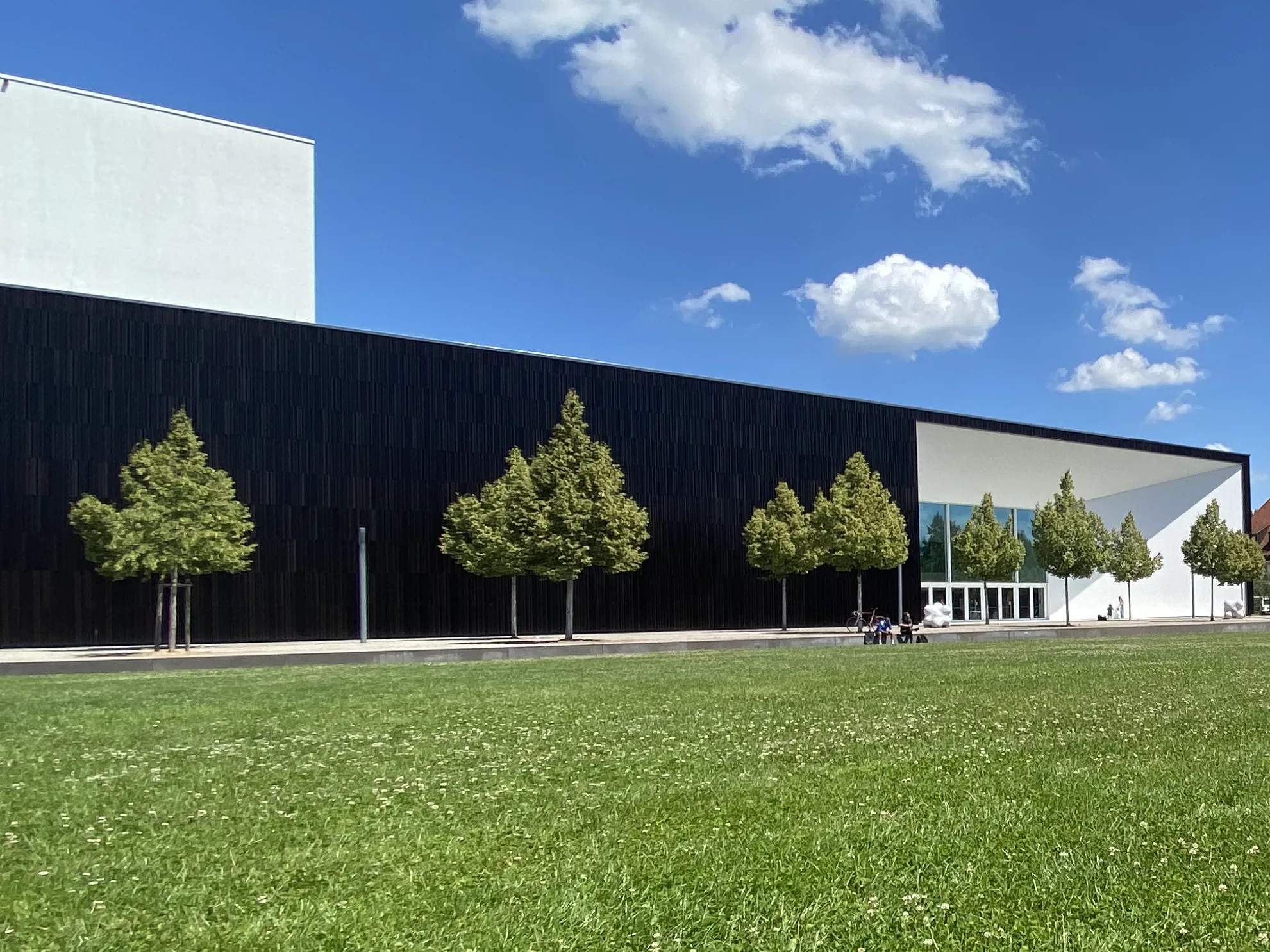 Der moderne, schwarz verkleidete Bau der Hochschule für Musik Karlsruhe hinter einer Baumreihe